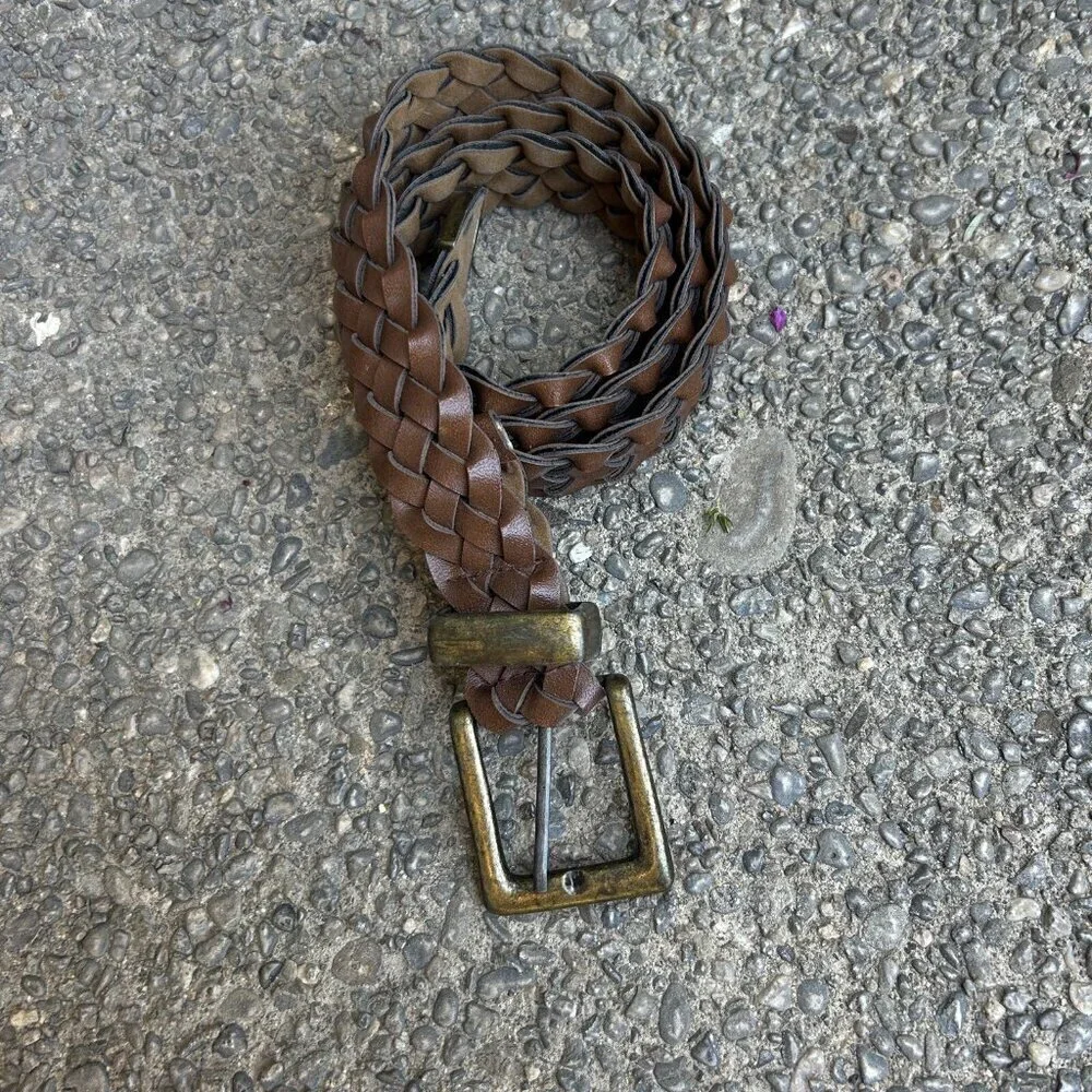 Vintage Festival Boho Brown Woven Braided Belt Brass Buckle